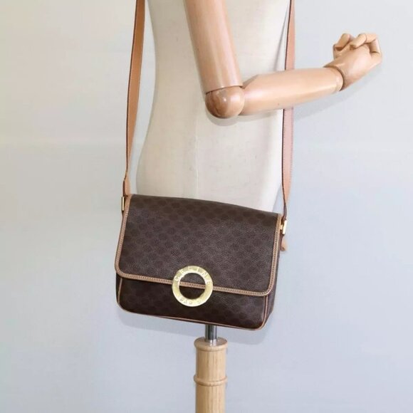CELINE Macadam Canvas Circle Shoulder Bag PVC Leather Brown Gold Auth - Picture 1 of 16